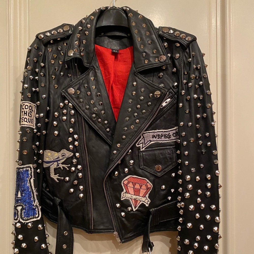 Zara distressed studded patchwork moto jacket SM